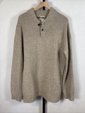 LL Bean Classic Ragg Wool Henley Sweater Mens XLT Beige Lambs Wool Academia Cozy